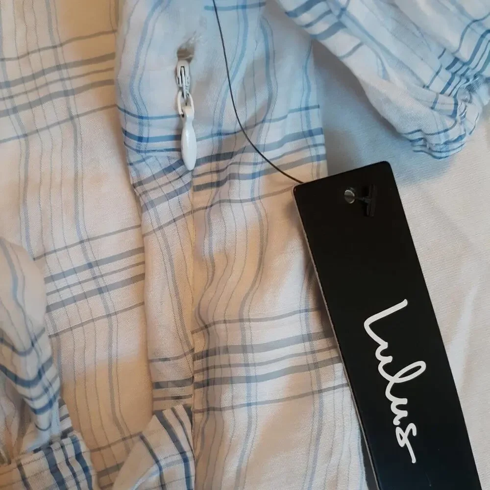 Lulus NWT Womens White Blue Plaid Faux Wrap Fit and Flare Mini Dress Siz… - Picture 7 of 10